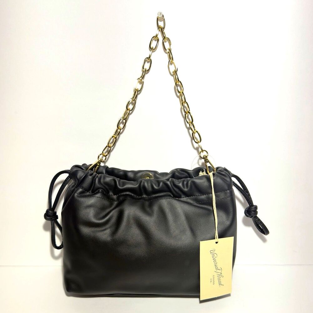 Universal Thread Black Ruched Shoulder Bag Purse Detachable Gold Chain Strap NWT